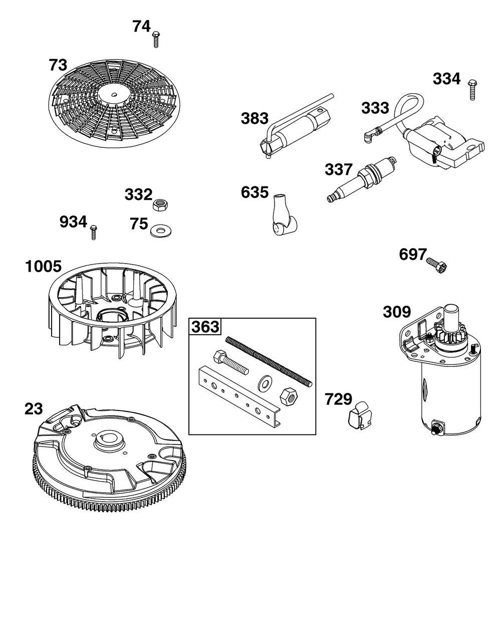 Flywheel, Ignition, And Starter Group Diagram and Parts List for 40N877-0070-B5  Briggs and Stratton Engine